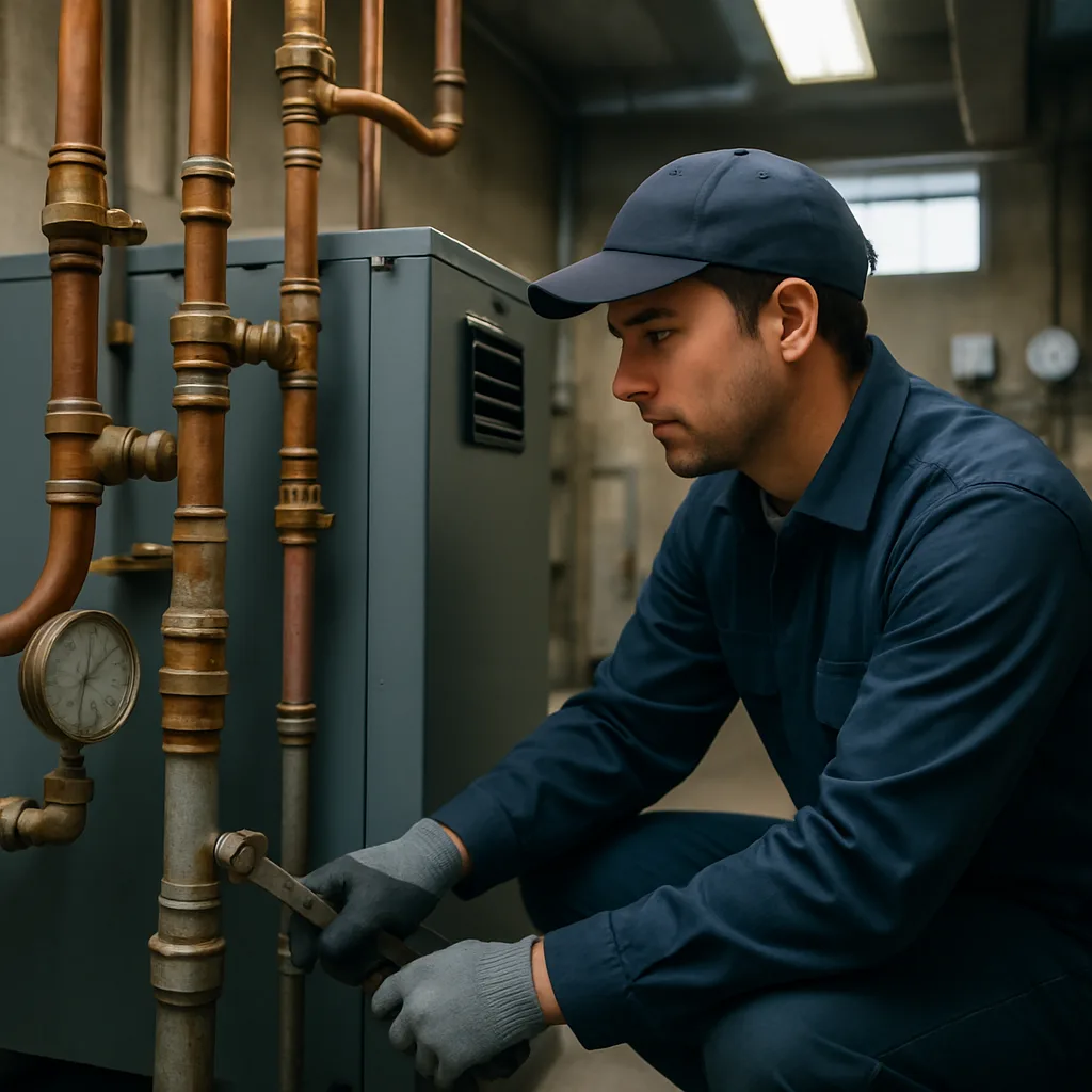 Technician adjusting valve on commercial boiler system during design assessment in Sunnyvale