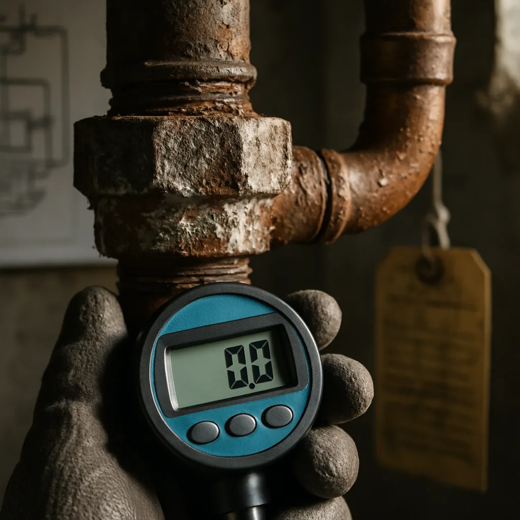 Close-up of corroded boiler pipe fitting checked during Sunnyvale system design review
