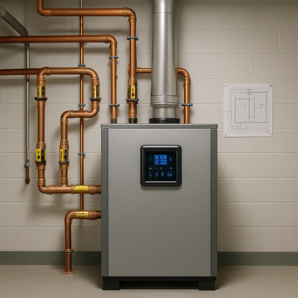 Completed boiler system installation with organized piping in Sunnyvale school building