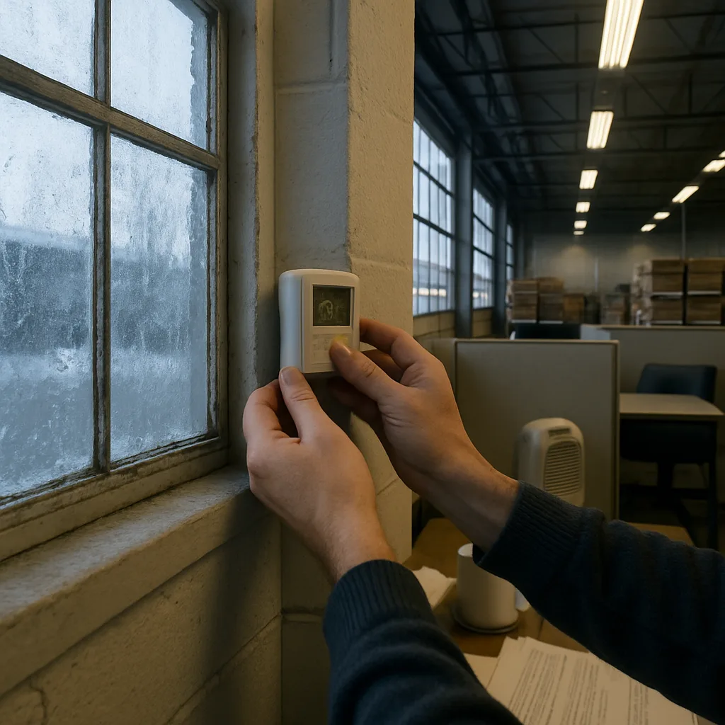 Warehouse worker adjusting thermostat during cold snap before Sunnyvale boiler redesign