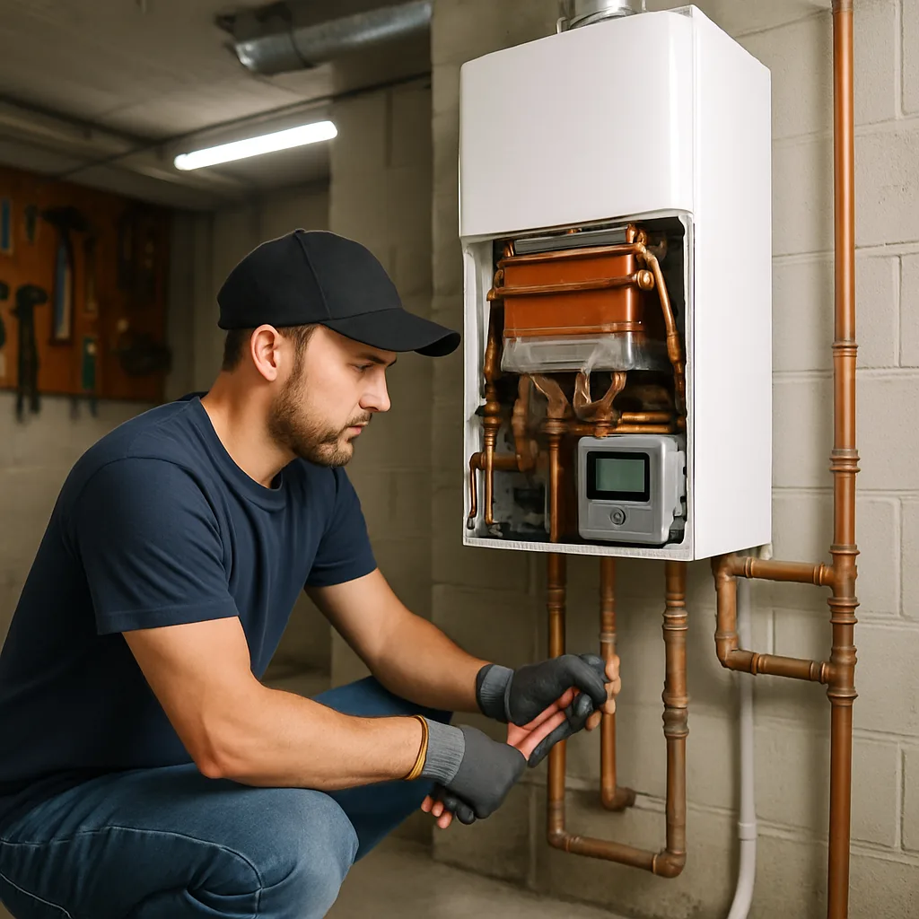 Technician installing boiler upgrade parts on residential unit in Sunnyvale home