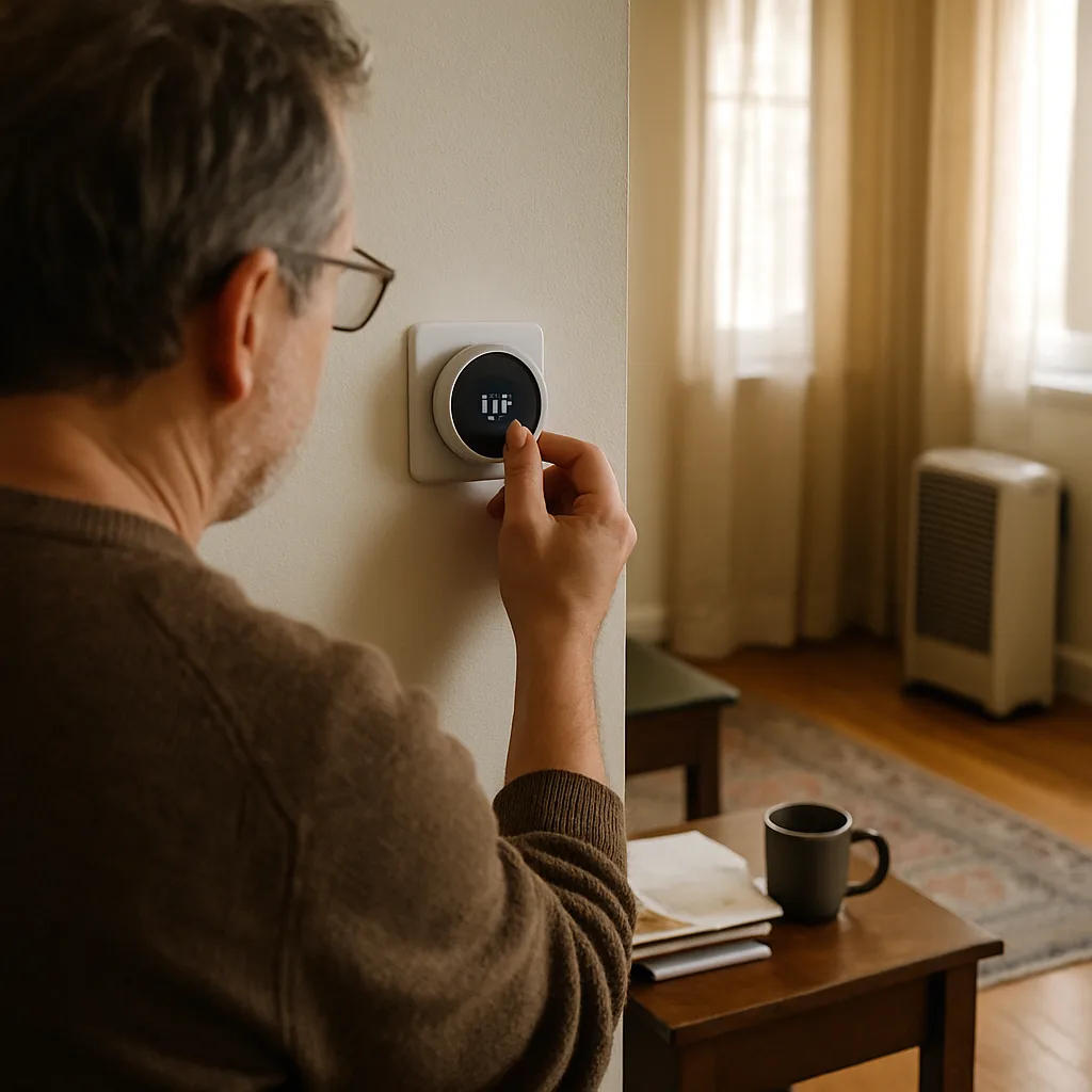 homeowner-thermostat-check-boiler-upgrade-sunnyvale Homeowner adjusting thermostat after boiler upgrade in Sunnyvale living room