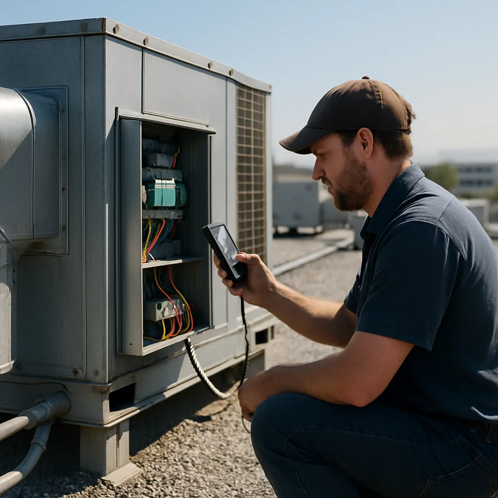 Technician installs building automation controls on rooftop HVAC unit in Sunnyvale