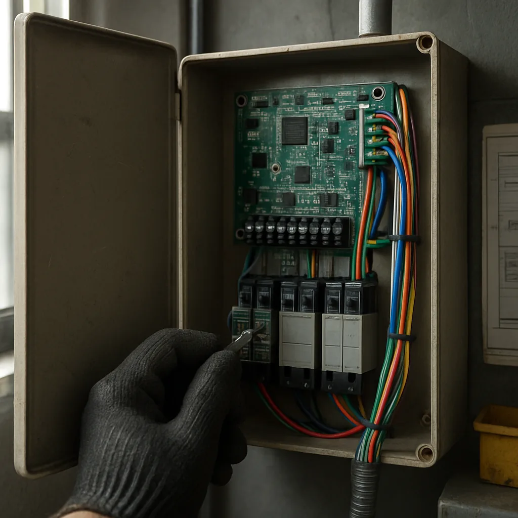 building-automation-control-panel-wiring-detail-sunnyvale Close-up of wiring inside building automation control panel in Sunnyvale facility