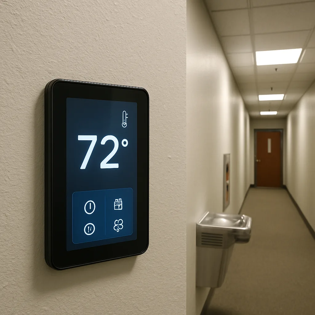 smart-thermostat-installation-office-hallway-sunnyvale Smart thermostat mounted in Sunnyvale office hallway after automation upgrade