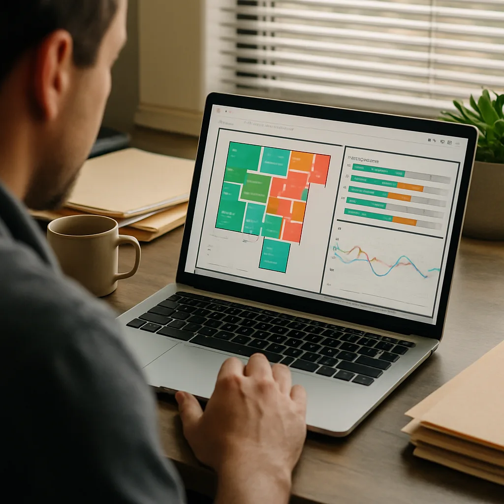 building-automation-software-dashboard-review-sunnyvale Facilities manager reviews building automation dashboard on laptop in Sunnyvale office