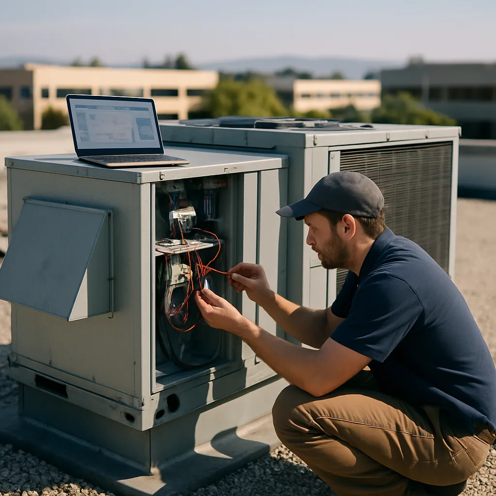 Technician wiring rooftop HVAC controls during building automation install in Sunnyvale