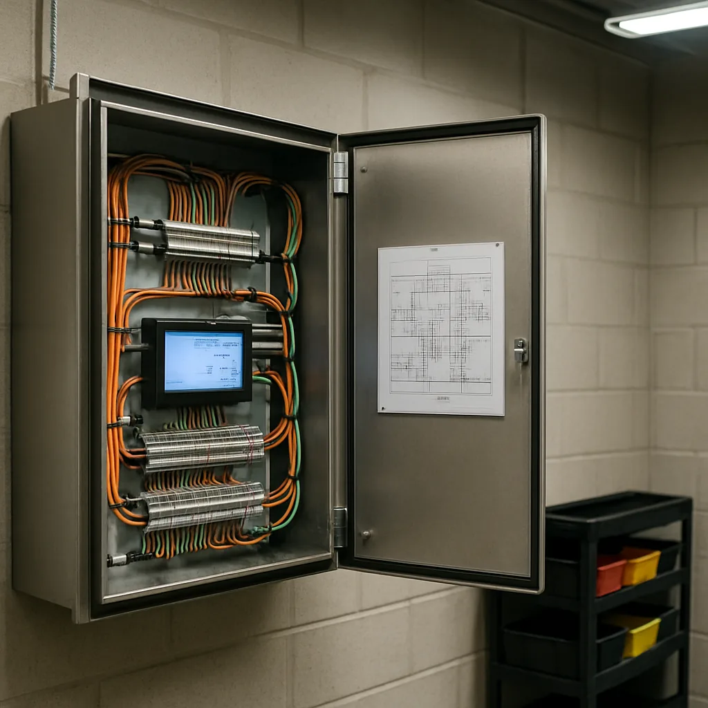 building-automation-finished-control-panel-sunnyvale Completed building automation panel with organized wiring in Sunnyvale mechanical room