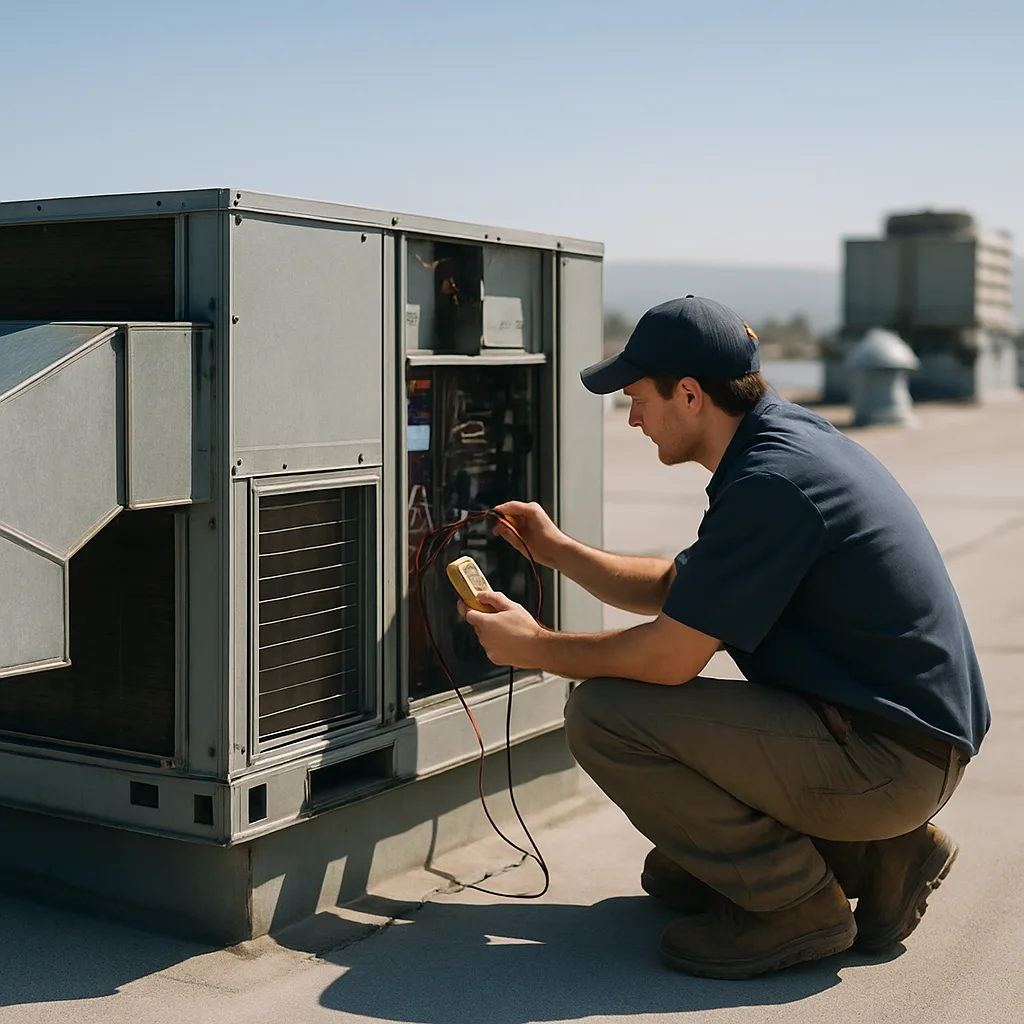 Technician testing rooftop HVAC unit wiring during mechanical upgrade in Sunnyvale