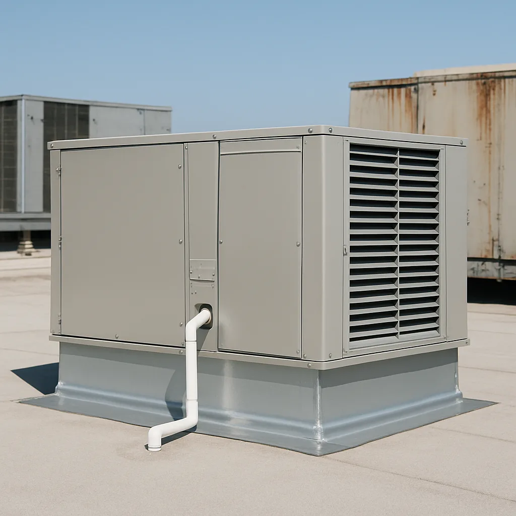 hvac-mechanical-upgrade-completed-rooftop-unit-sunnyvale Newly installed rooftop HVAC unit after mechanical upgrade in Sunnyvale building