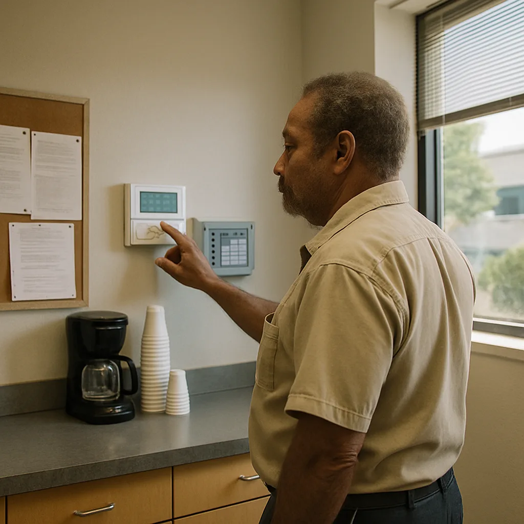 hvac-controls-upgrade-thermostat-check-sunnyvale-office Facilities manager checking thermostat after HVAC controls upgrade in Sunnyvale office