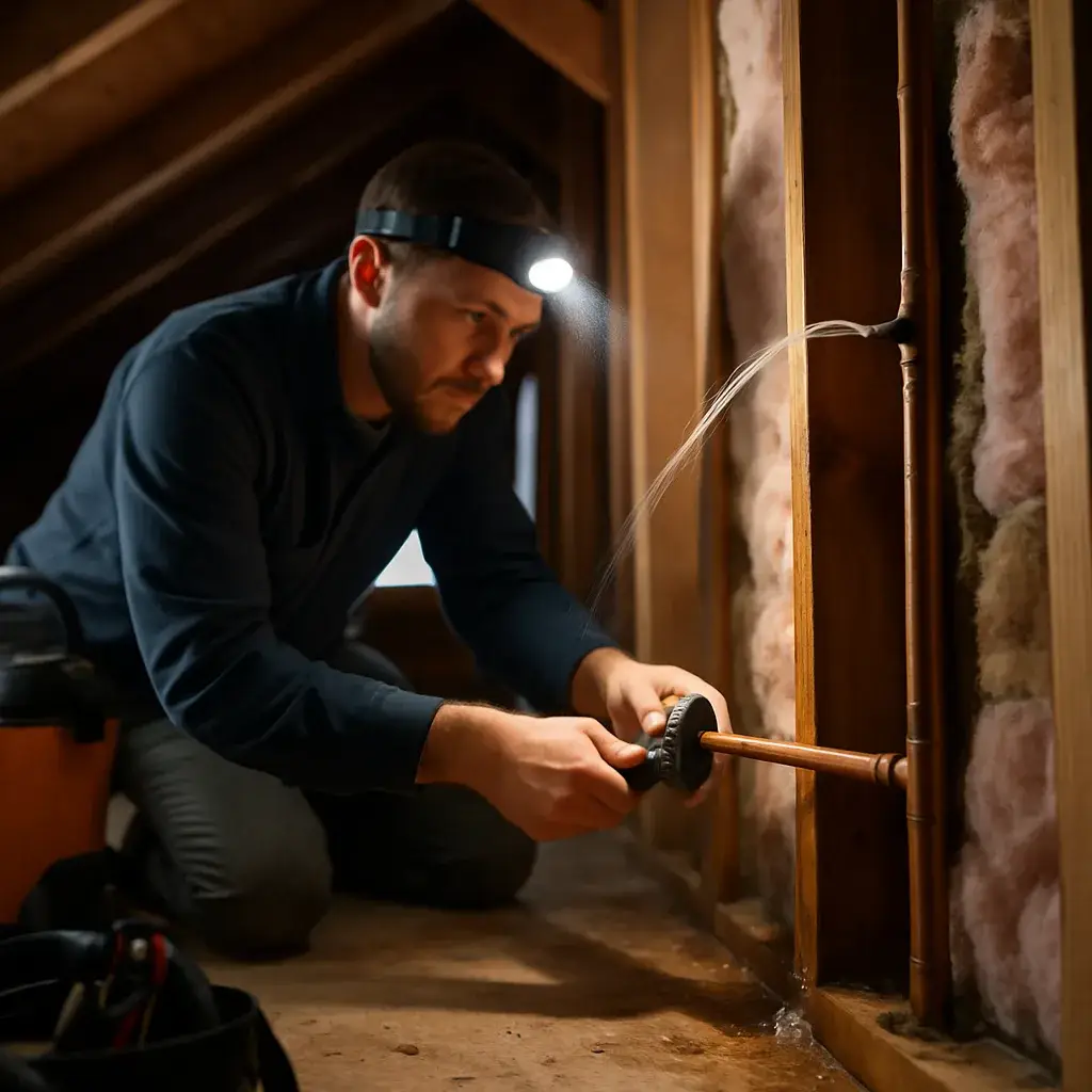 Contractor repairing burst copper pipe in Sunnyvale attic wall cavity