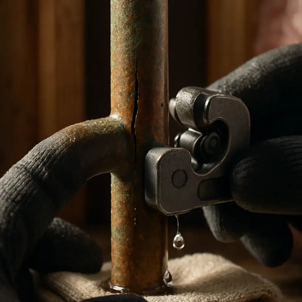 Close-up of split copper pipe being cut during burst pipe repair