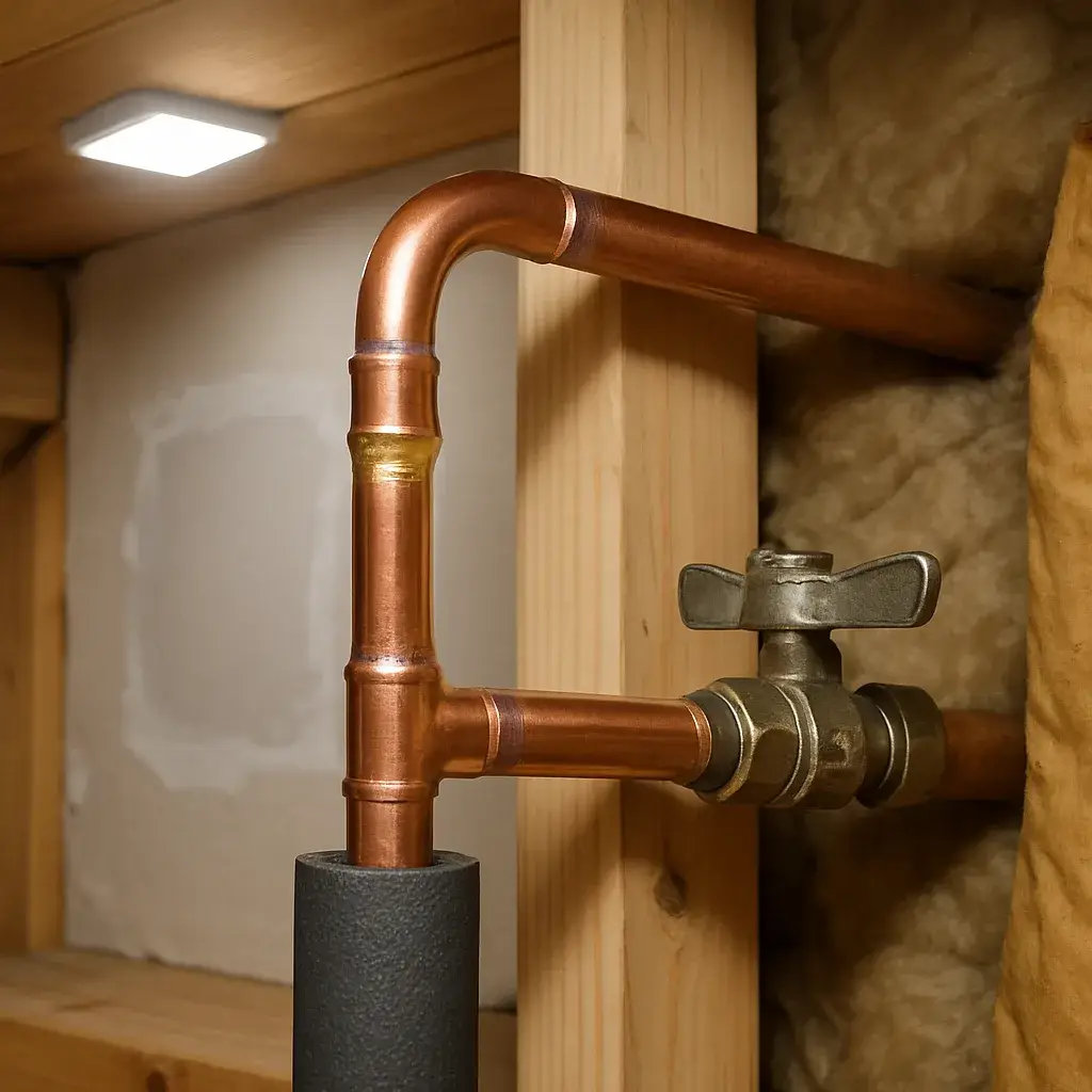 Repaired copper pipe joint after burst pipe repair in Sunnyvale home