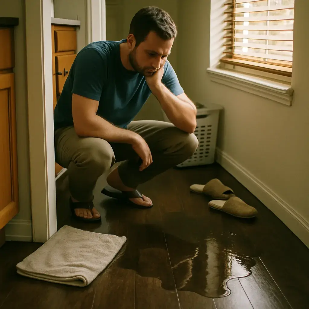 Homeowner discovers water pooling on floor before burst pipe repair call