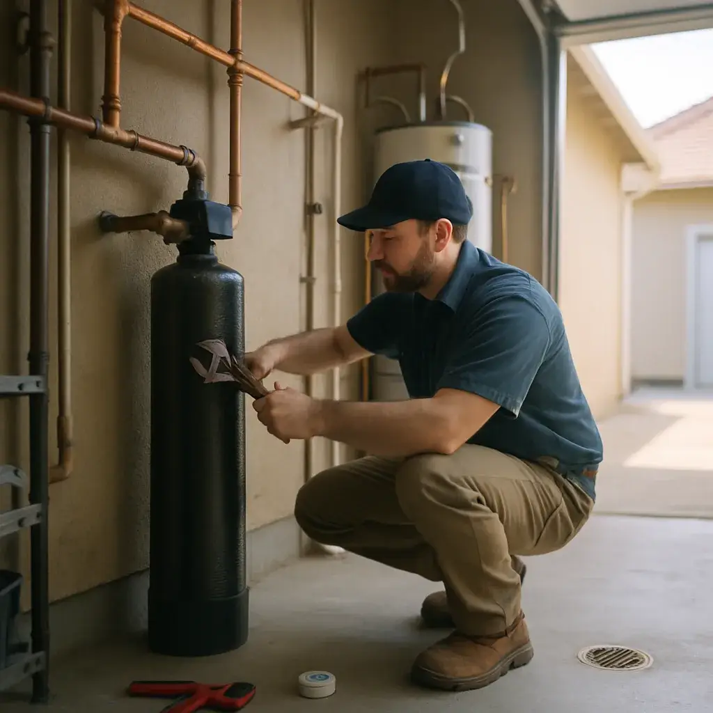 Technician installing whole-home carbon filtration system tank in Sunnyvale garage