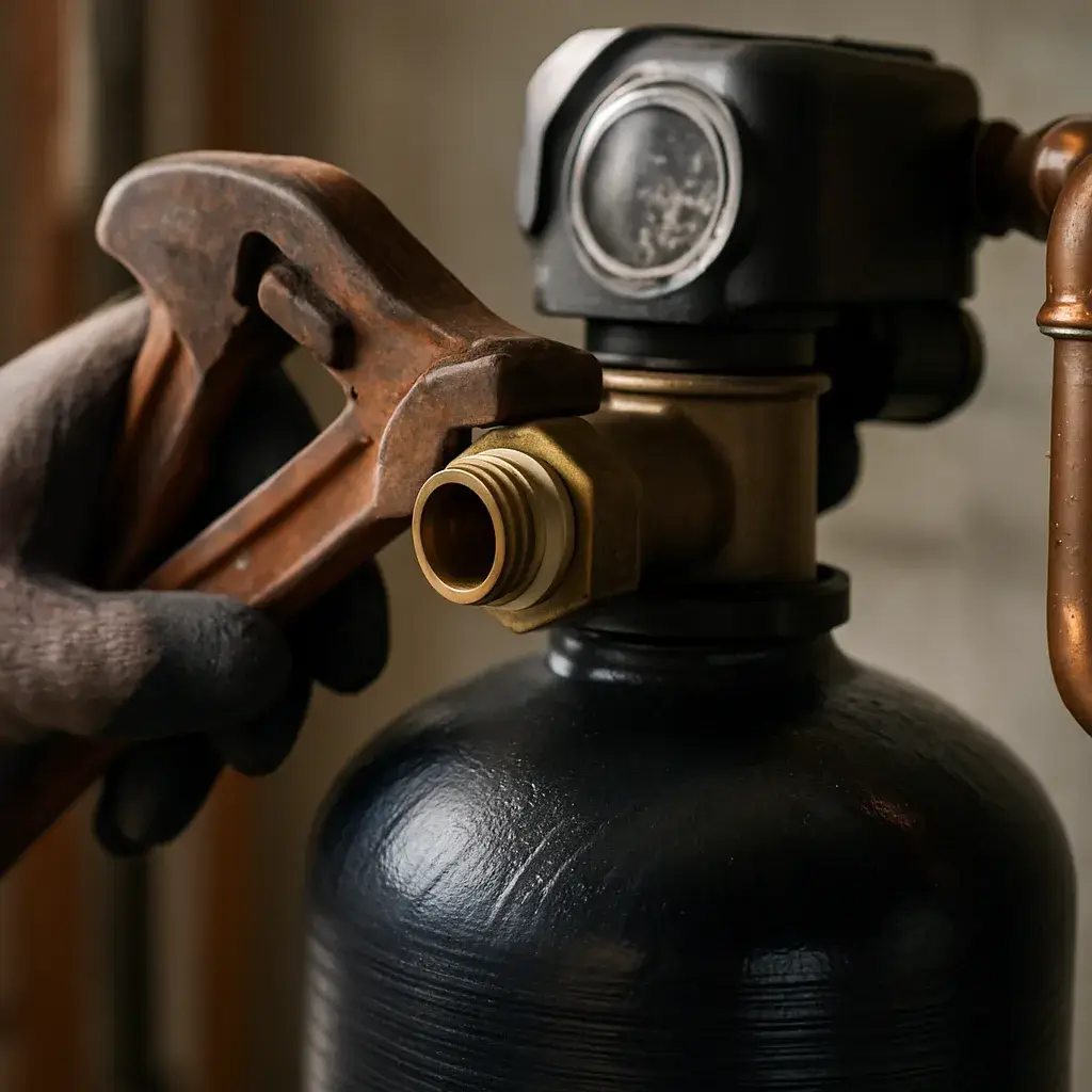 carbon-filtration-tank-fitting-closeup-sunnyvale Close-up of hands tightening carbon filtration tank fitting in Sunnyvale home