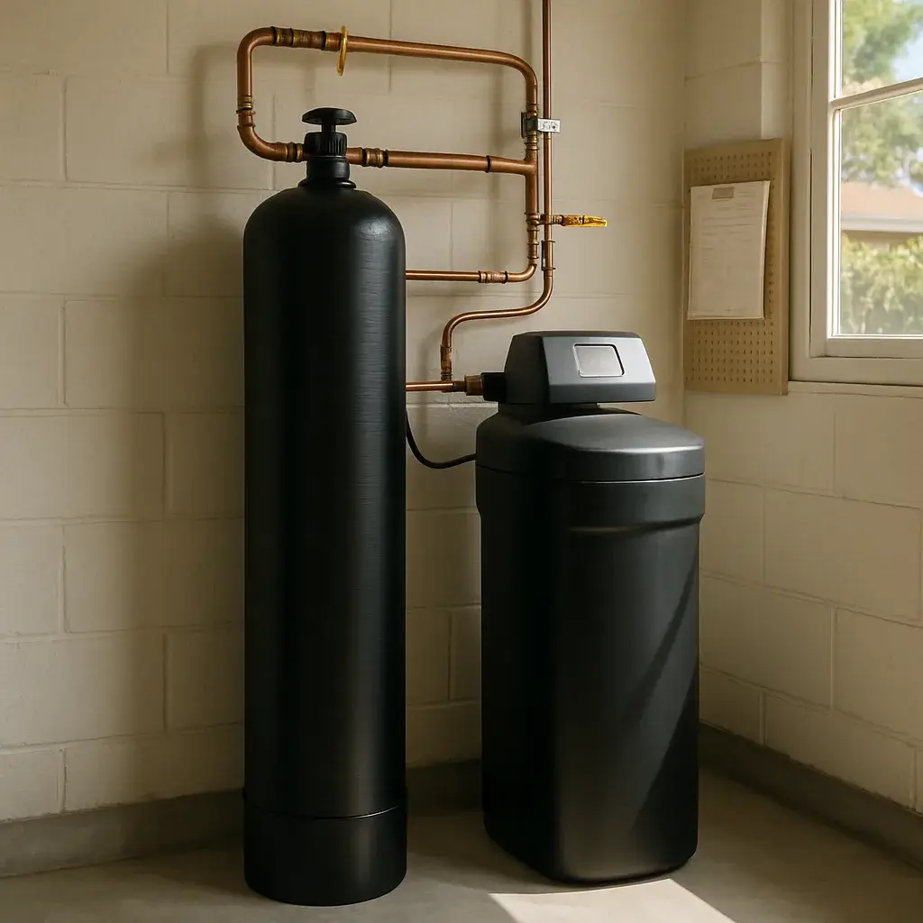 carbon-filtration-water-softener-comparison-sunnyvale Completed carbon filtration and water softener systems installed in Sunnyvale garage