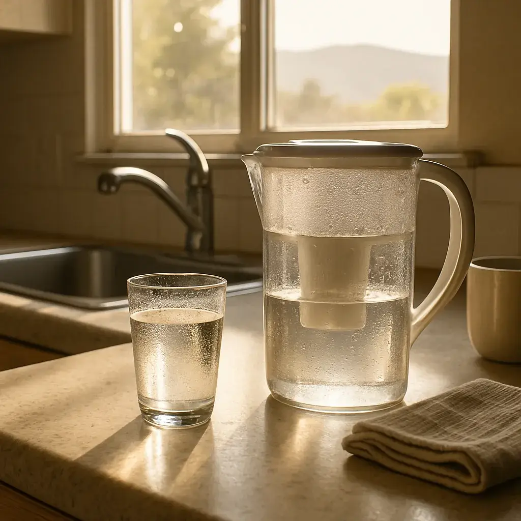 pitcher-filter-tap-water-kitchen-sunnyvale Glass of tap water beside pitcher filter on Sunnyvale kitchen counter