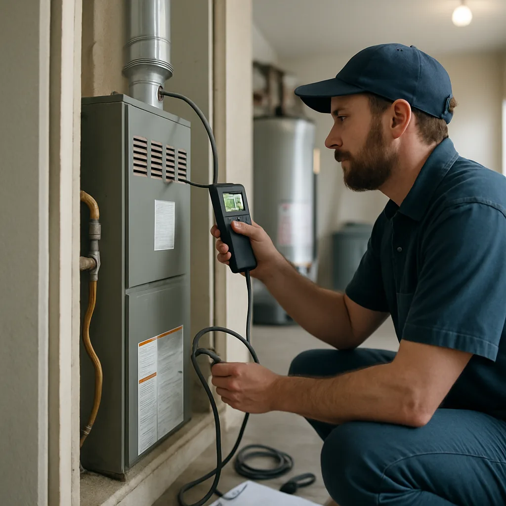 Technician testing furnace flue for carbon monoxide in Sunnyvale home