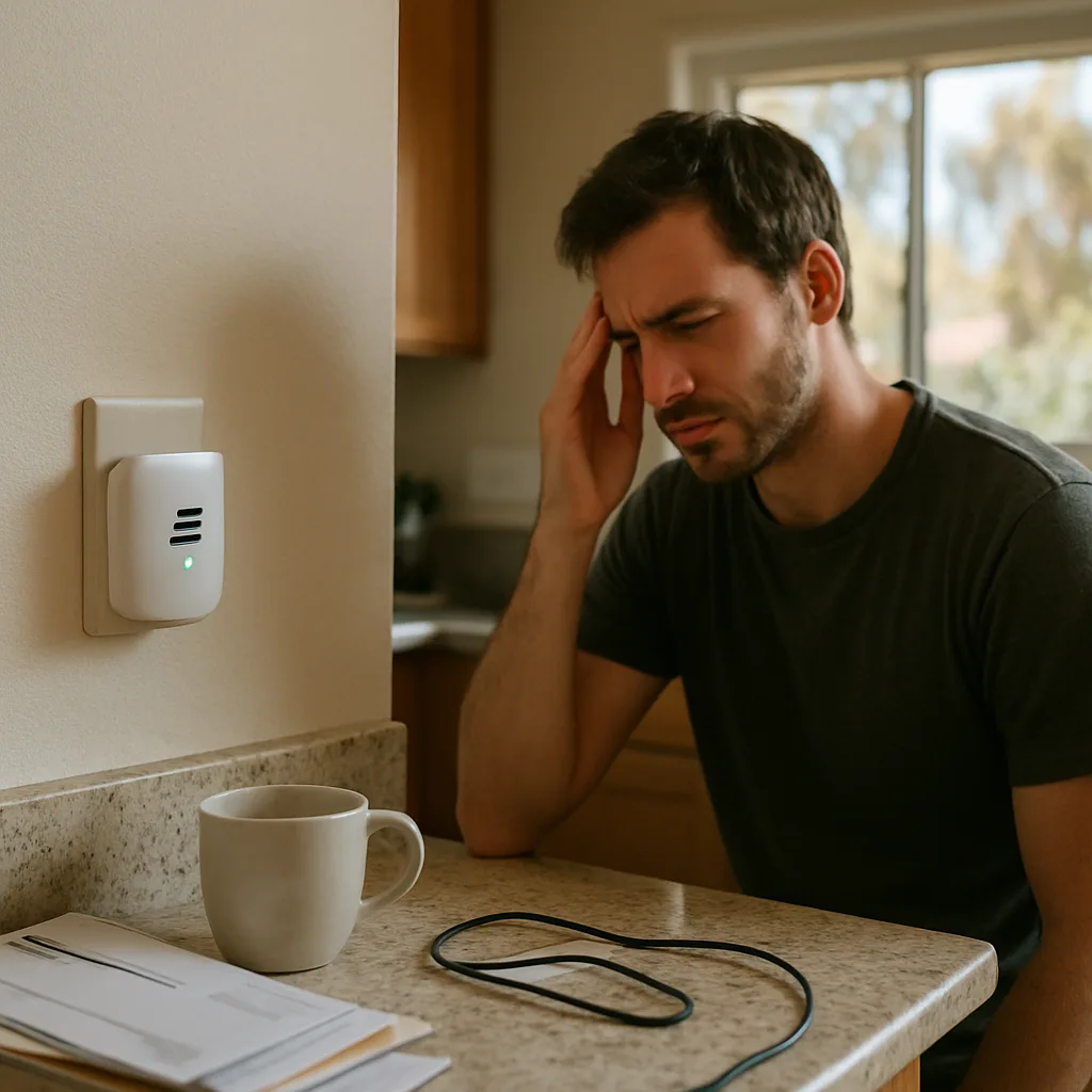 carbon-monoxide-testing-homeowner-headache-sunnyvale Homeowner with headache near carbon monoxide alarm in Sunnyvale kitchen