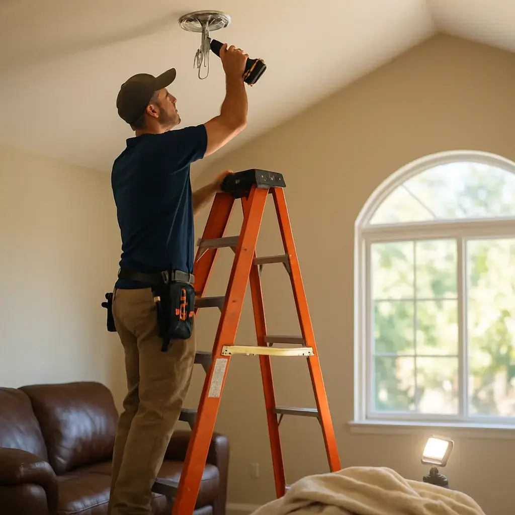 Contractor installing ceiling fan bracket on vaulted ceiling in Sunnyvale home