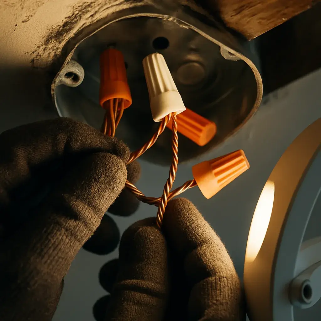 ceiling-fan-installation-wiring-junction-box-sunnyvale Electrician connecting wires inside ceiling fan junction box in Sunnyvale