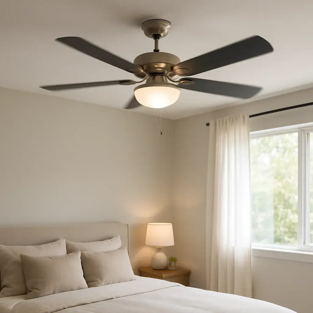 ceiling-fan-installation-completed-bedroom-sunnyvale Newly installed ceiling fan running smoothly in Sunnyvale bedroom
