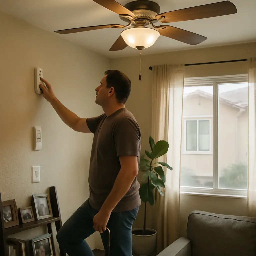 ceiling-fan-installation-homeowner-remote-sunnyvale Homeowner testing new ceiling fan remote in Sunnyvale living room