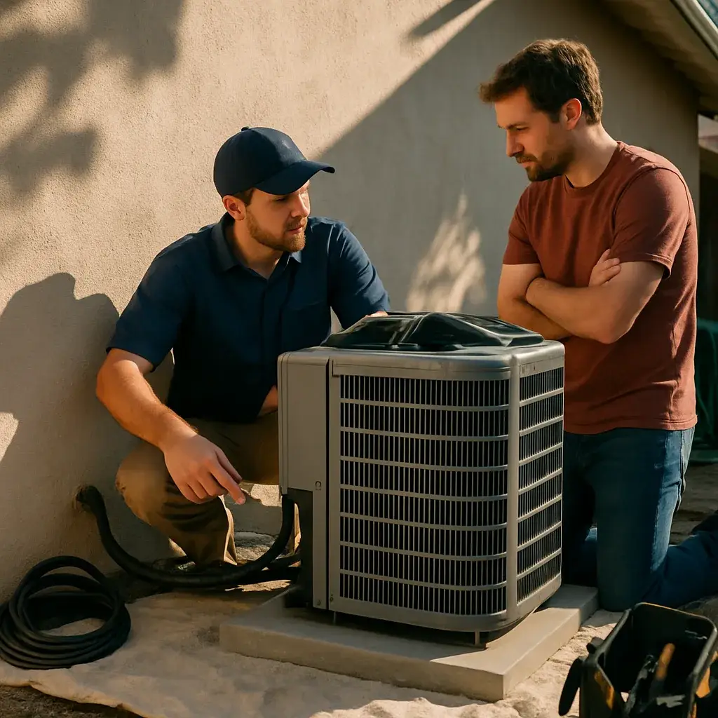 Technician and homeowner reviewing central air conditioning installation unit outdoors