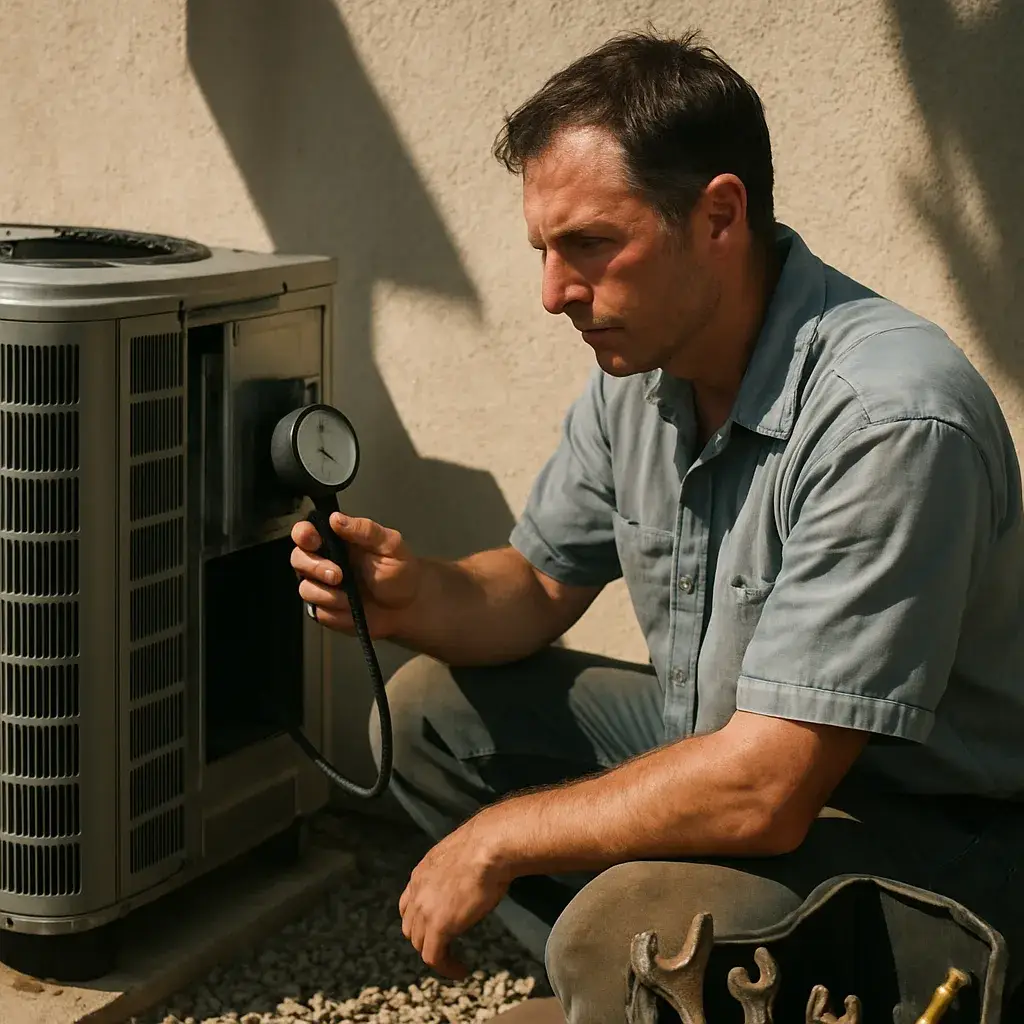 HVAC technician checking ductwork pressure during AC installation in Sunnyvale