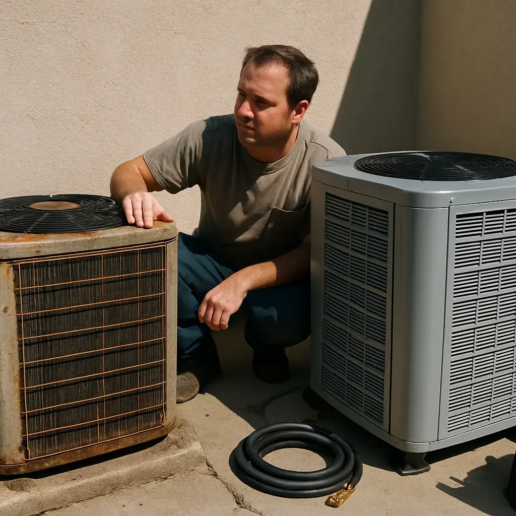 Old and new central air conditioning units compared during Sunnyvale installation assessment