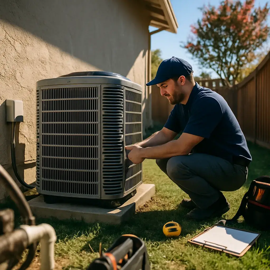 Technician installing central air conditioning condenser unit outside Sunnyvale home
