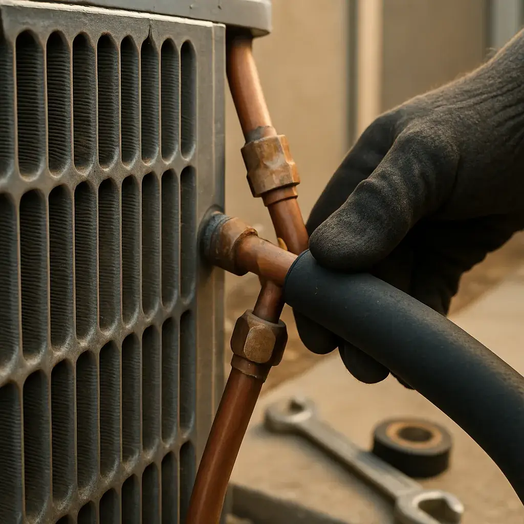 Close-up of condenser coil and copper lines during central air conditioning installation