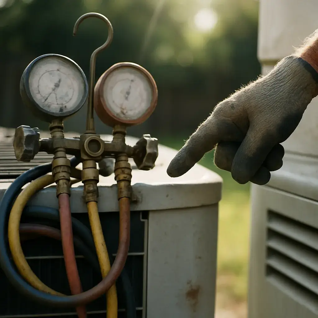central-ac-installation-aging-condenser-repair-assessment Technician examines aging AC condenser unit to assess repair versus replacement need