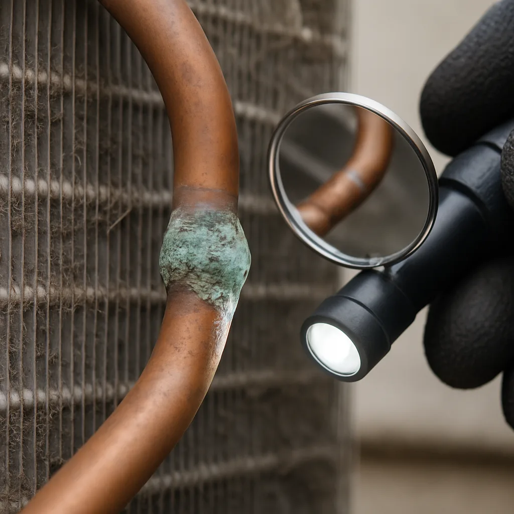 central-air-conditioning-corroded-coil-joint-condition-detail Corroded copper line and coil inspected on central air conditioning unit in Sunnyvale