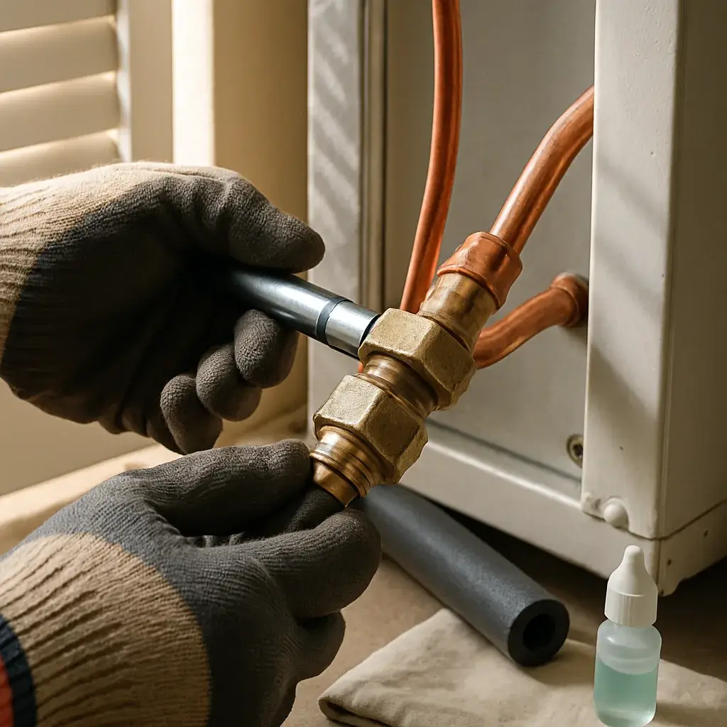 Close-up of copper refrigerant line connection during Sunnyvale AC installation