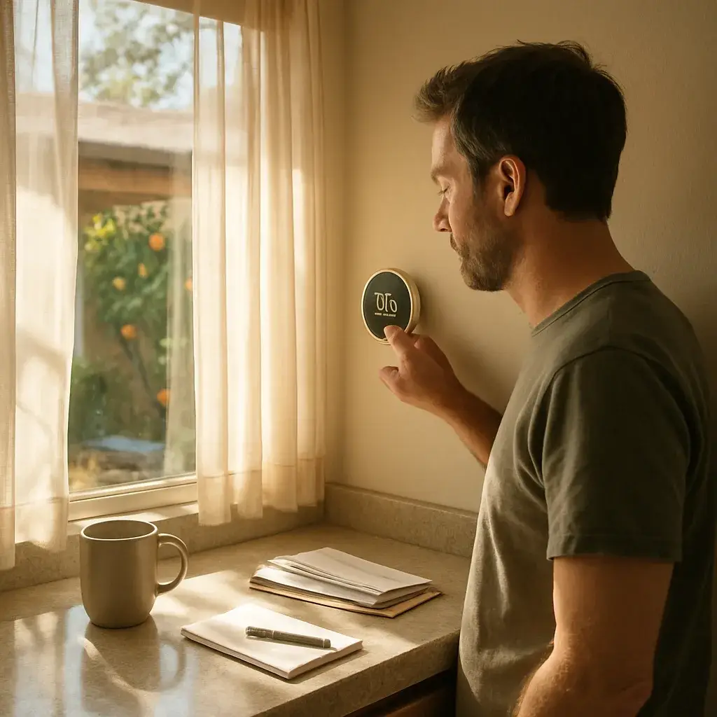 Homeowner checking thermostat after central air conditioning installation in Sunnyvale