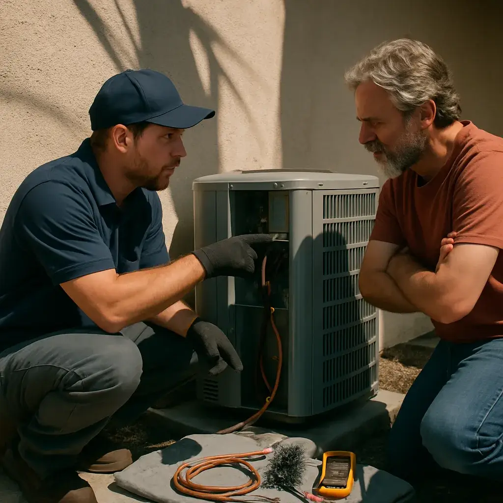 Technician explains AC repair costs to homeowner beside outdoor condenser unit