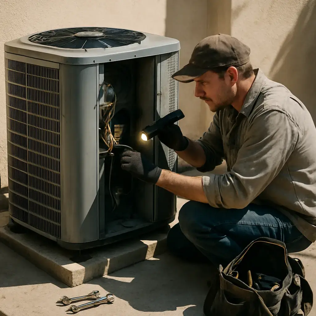 HVAC technician inspecting central AC condenser unit in Sunnyvale backyard