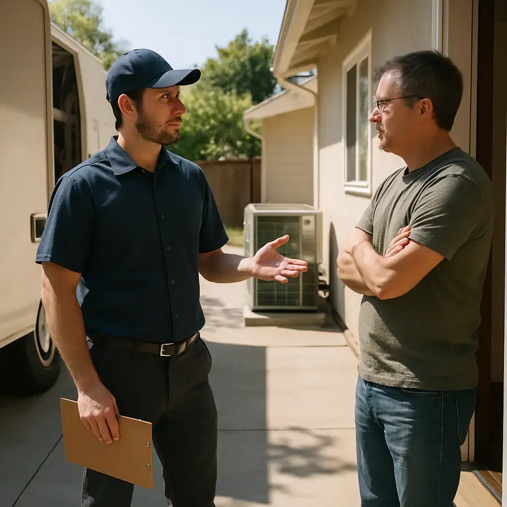 HVAC technician explains central AC repair scope to Sunnyvale homeowner outdoors