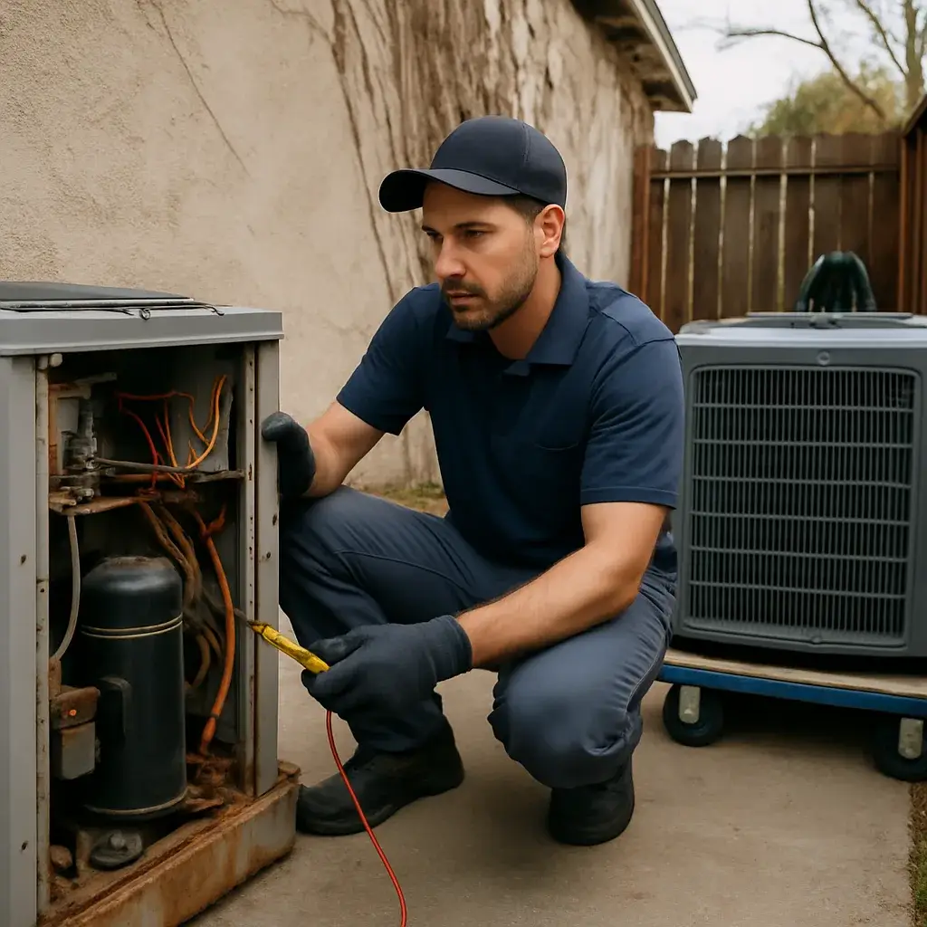 Technician compares old and new AC condenser units during central air conditioning repair