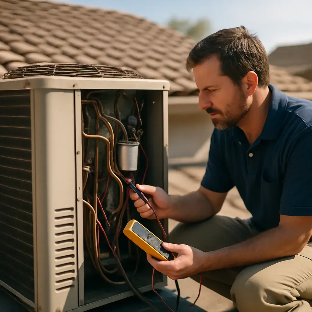 Technician diagnosing central air conditioning repair on rooftop condenser unit in Sunnyvale