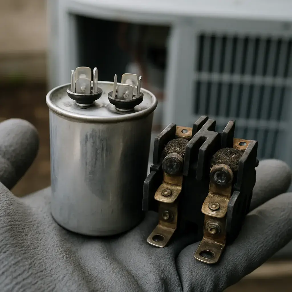 central-ac-repair-failed-capacitor-corroded-contactor-cost-factor Close-up of failed capacitor and corroded contactor from AC repair job