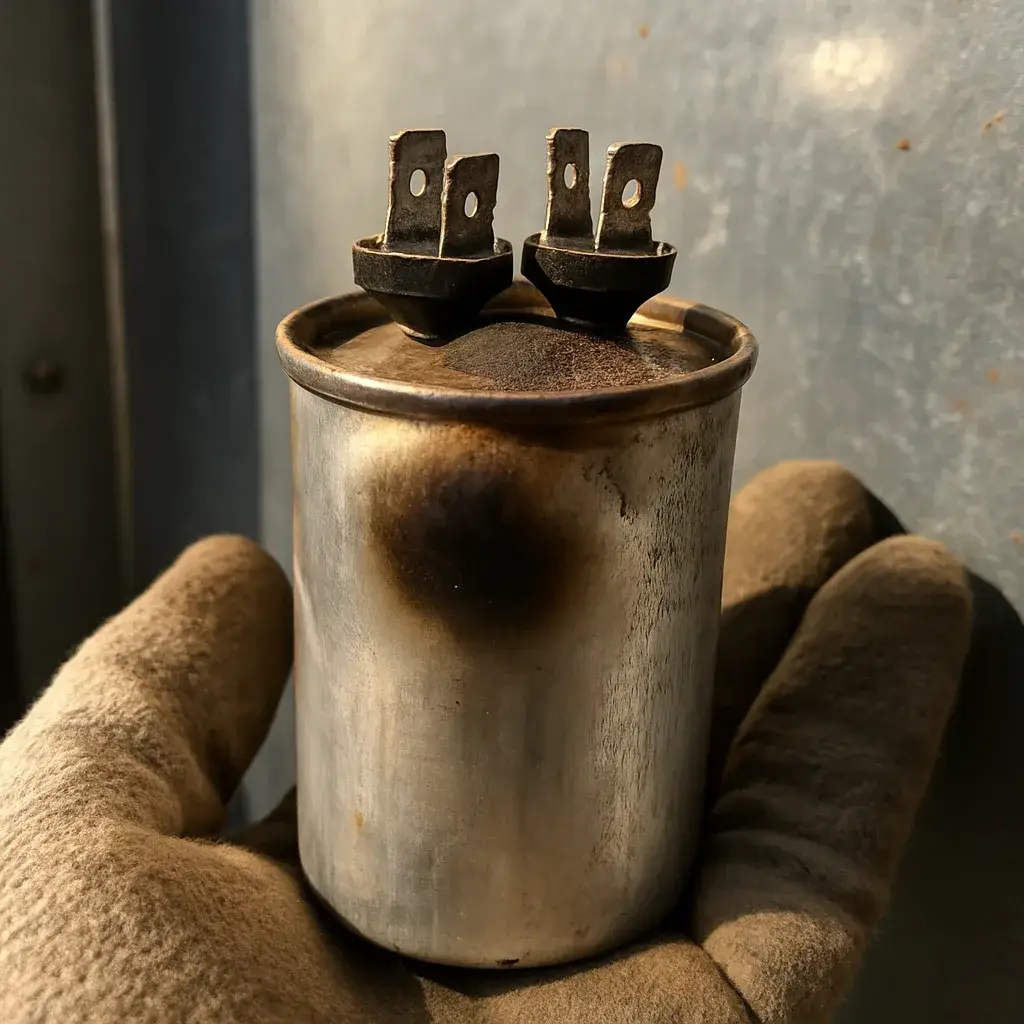 central-ac-repair-failed-capacitor-swollen-casing-closeup Failed swollen AC capacitor removed from Sunnyvale central air unit