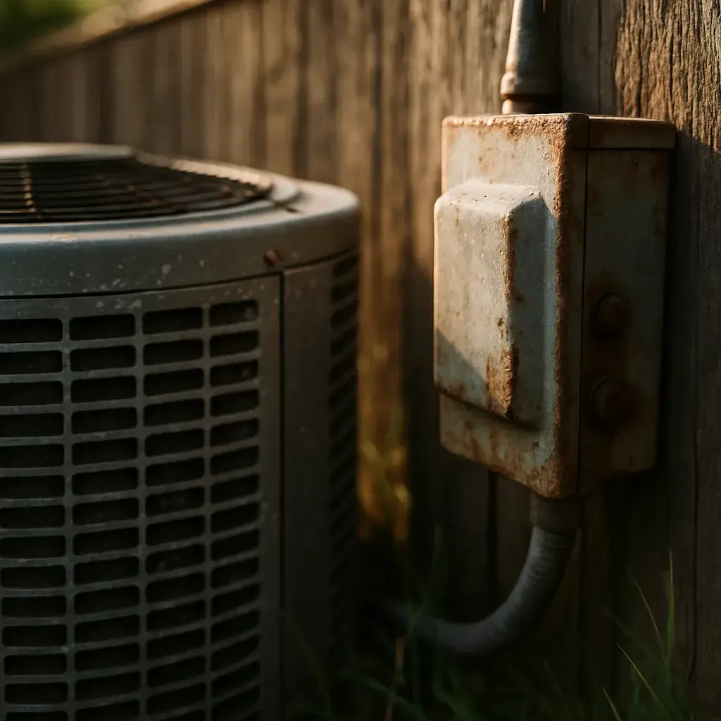 central-ac-condenser-service-boundary-condition-detail Weathered outdoor AC condenser and disconnect box outside service coverage area