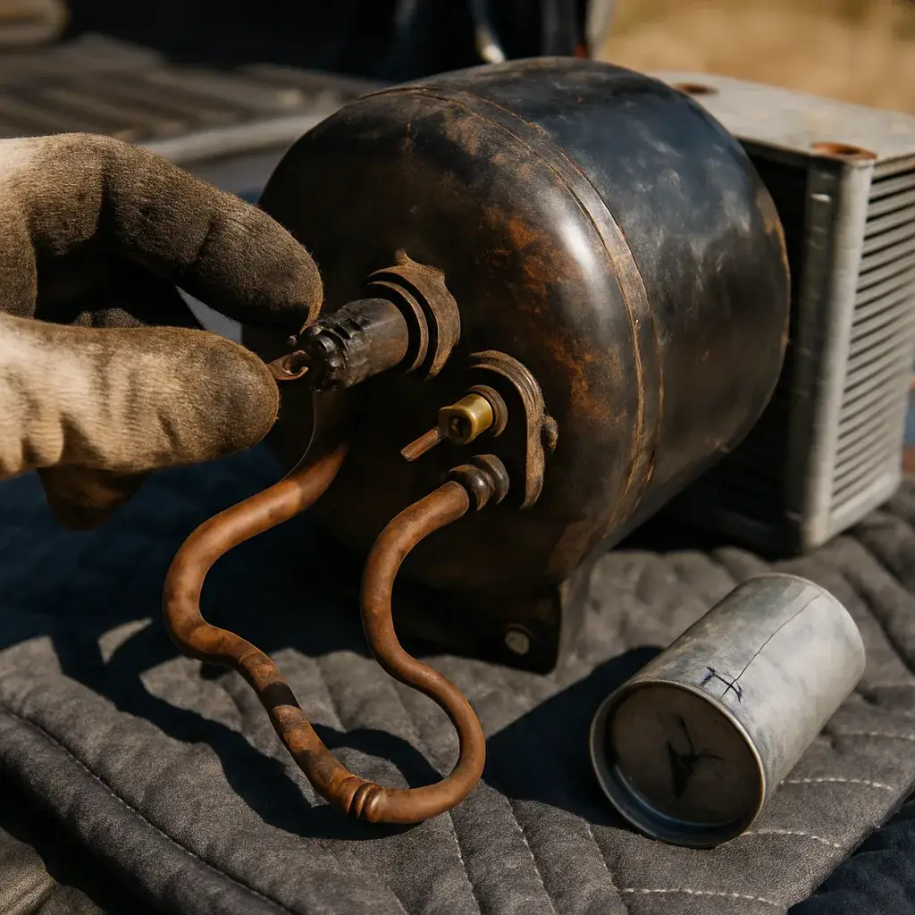 central-ac-repair-failed-compressor-terminal-damage Burnt compressor terminal from failed central air conditioning unit inspected closely