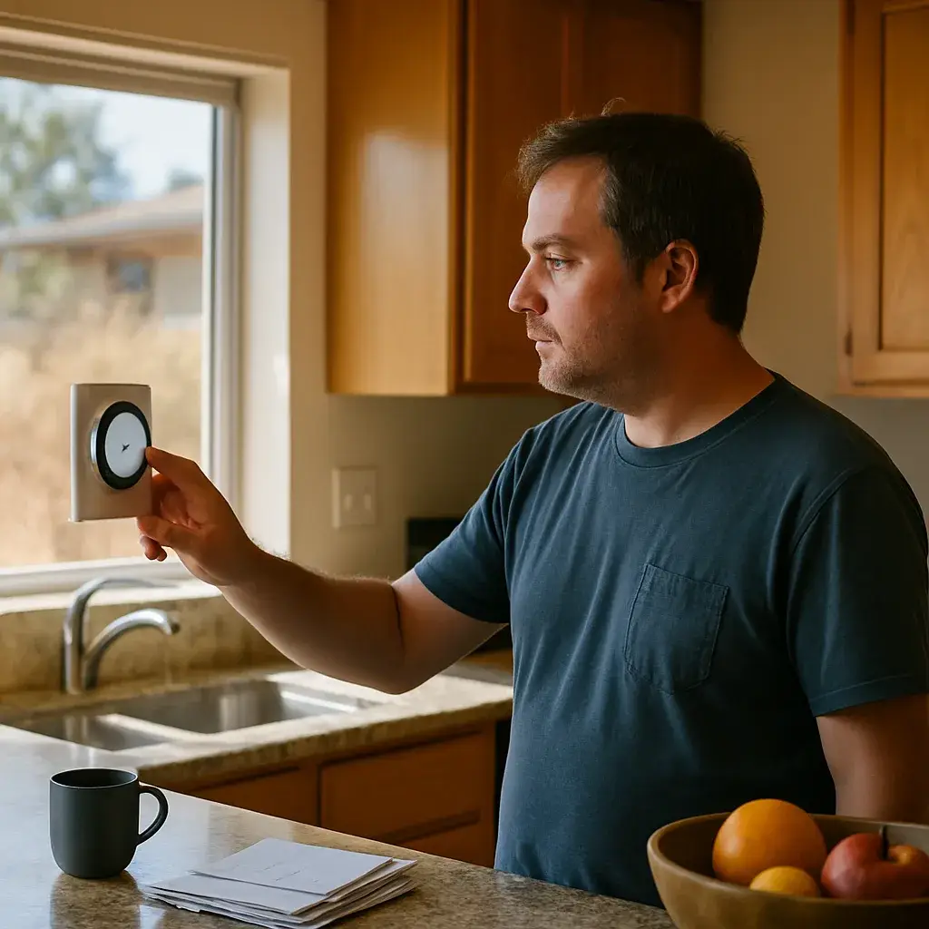 central-air-conditioning-repair-homeowner-thermostat-check-sunnyvale Homeowner checking thermostat before calling for central air conditioning repair in Sunnyvale