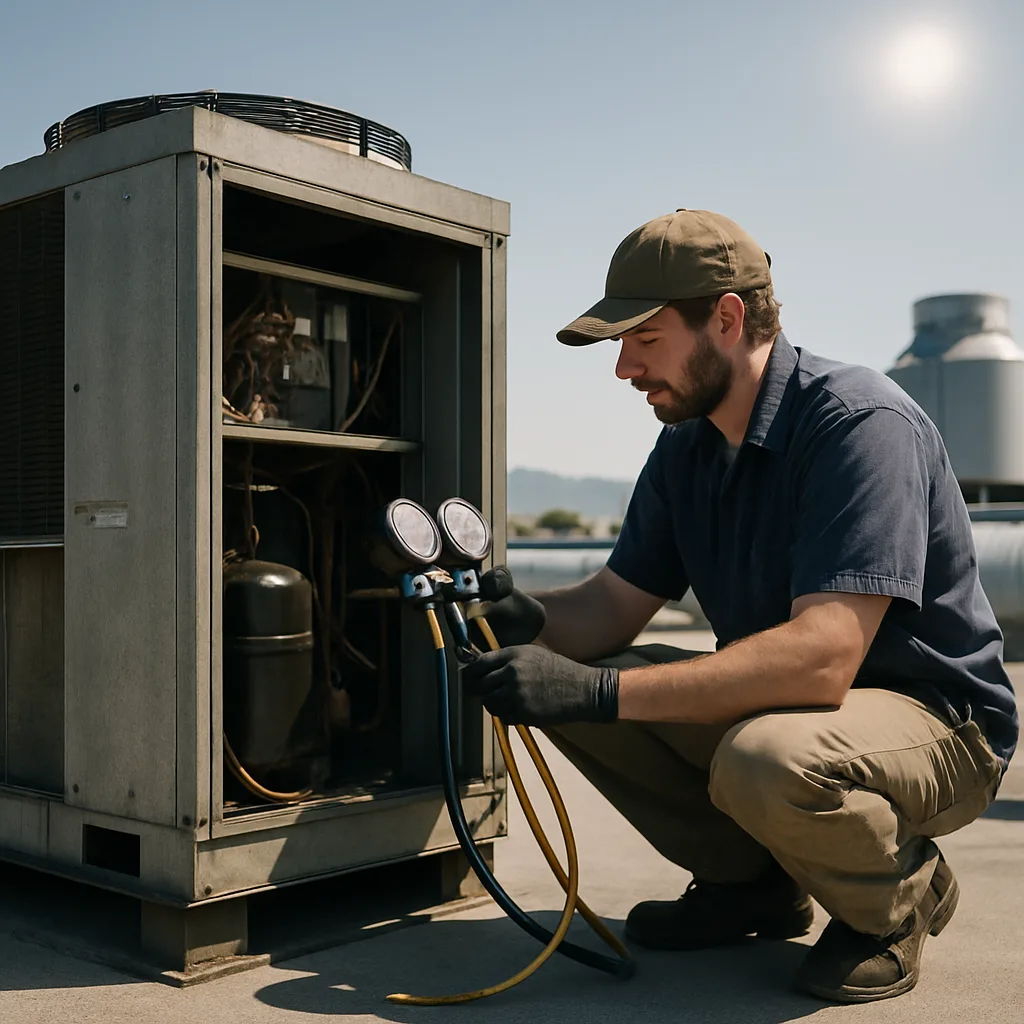 Technician inspecting rooftop chiller during central plant upgrade in Sunnyvale