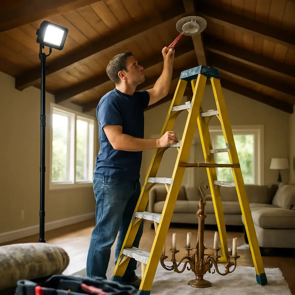 Technician inspects ceiling electrical box before chandelier installation in Sunnyvale vaulted living room